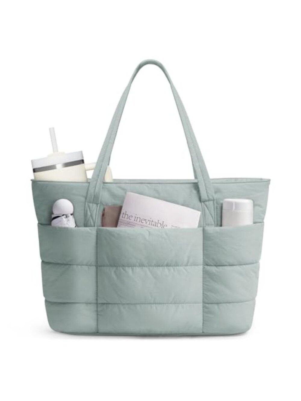 Puffer Tote Bag Quilted Nylon Travel Work Tote with Tumbler Pocket